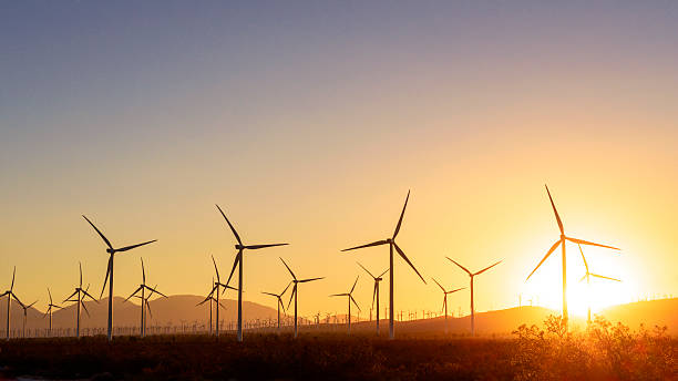 Thousands of wind turbines at sunset Thousands of wind turbines, in Tehachapi Pass, California. windmill sunset stock pictures, royalty-free photos & images