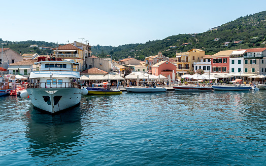 Gaios, Greece - August 20, 2023. The port of Gaios, the capital of the Greek island of Paxos, nearby Corfu island, Greece