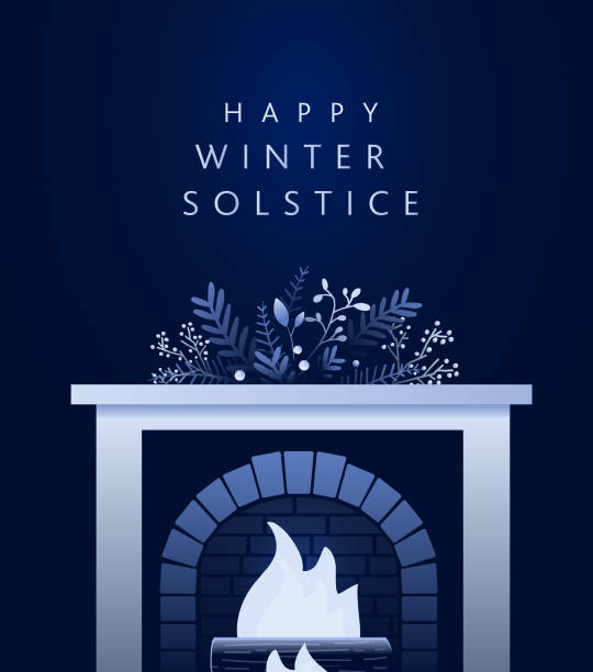 ilustraciones, imágenes clip art, dibujos animados e iconos de stock de plantilla de diseño de tarjeta de felicitación del solsticio de invierno feliz en azul oscuro con tronco de navidad en la chimenea ramas dibujadas a mano y flores - solsticio-de-invierno