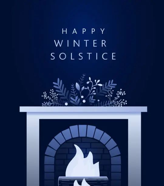Vector illustration of Happy Winter Solstice Greeting card design template in dark blue with yule log in fireplace hand drawn branches and florals
