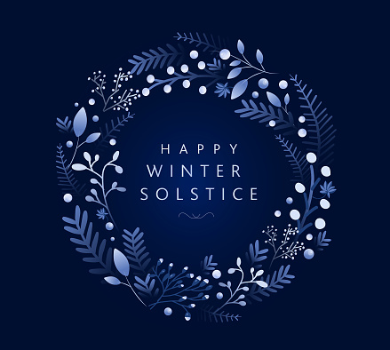 Vector illustration of Happy Winter Solstice Greeting card design template in dark blue with hand drawn branches and florals. Invitation card design with blue branches and berries on a rich dark blue background. Easy to customize. Download includes vector eps and high resolution jpg.