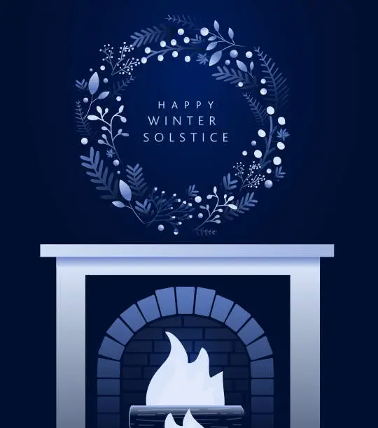 Vector illustration of Happy Winter Solstice Greeting card design template in dark blue with wreath, yule log in fireplace hand drawn branches and florals