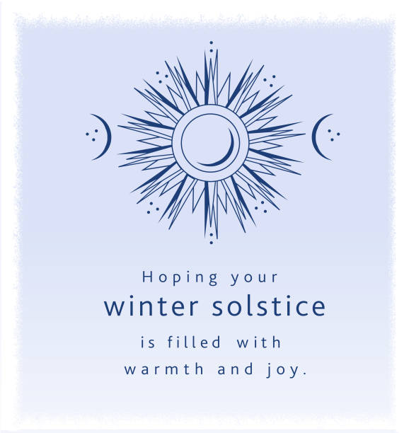 ilustraciones, imágenes clip art, dibujos animados e iconos de stock de esperando que tu solsticio de invierno esté lleno de calidez y alegría plantilla de diseño de tarjeta de felicitación con sol decorativo - solsticio-de-invierno