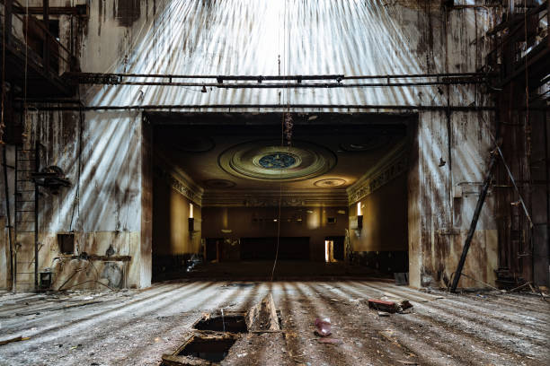 istock Old burnt creepy abandoned ruined haunted theater 1855812940