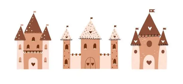 Vector illustration of Cartoon medieval castles vector illustration set. Collection fortified palaces, mansions isolated on white background. Fairytale, ancient buildings, fortresses concept. Magic castle vector hand drawn