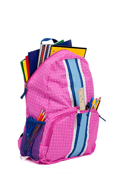 istock Pink backpack with school supplies on white background 185584528