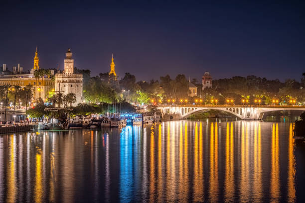 Golden tower (Torre del Oro) and San Telmo bridge reflected on Alfonso XIII canal in Seville at night, Spain