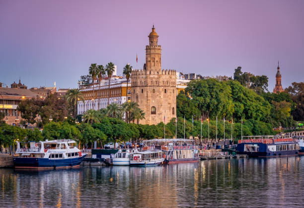 torre del oro al crepuscolo, siviglia, spagna - seville sevilla torre del oro tower foto e immagini stock