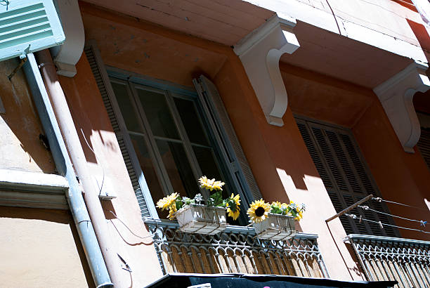 flowered balcony stock photo