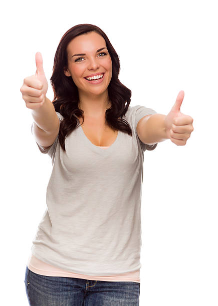 istock Pretty Mixed Race Female Model Giving Thumbs Up on White 185586519