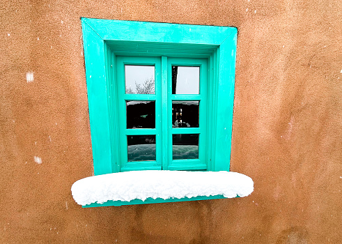 Santa Fe, NM: Snow On Window Ledge, Adobe Wall