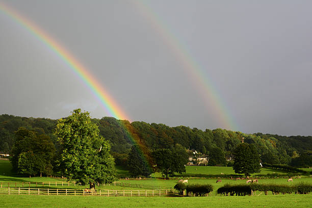istock Double rainbow against a grey sky over Cheshire England 185590786