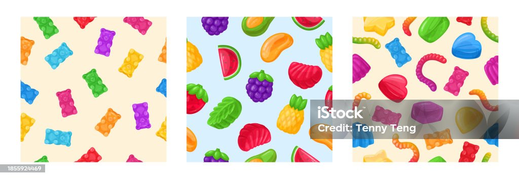 Chewy Pattern Gummy Seamless Patterns Sweet Jelly Chewy Worms Gummy Bear And Fruit ...