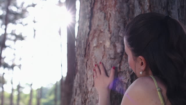 A woman is touching aged tree at the park
