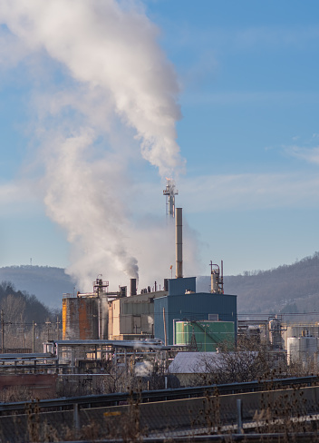 Bradford Pennsylvania USA december 14: Oil factory valley town during cold winter morning