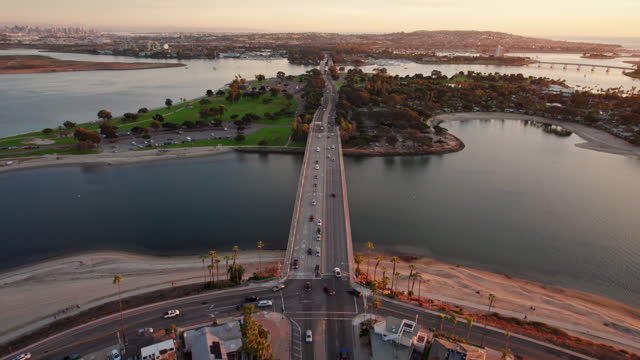 Sunset symphony: Aerial panorama of Mission Bay, San Diego in California stock video
