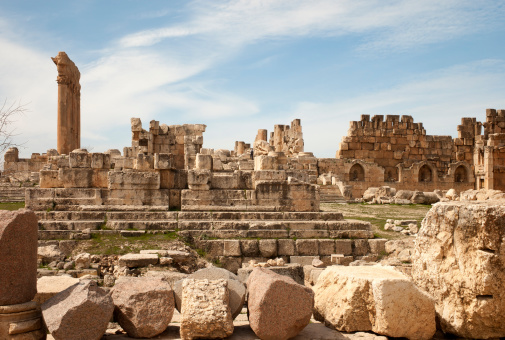 Ruins of the old roman city, Baalbek. It is can be seen the six columns of the temple of Jupiter, at the left.