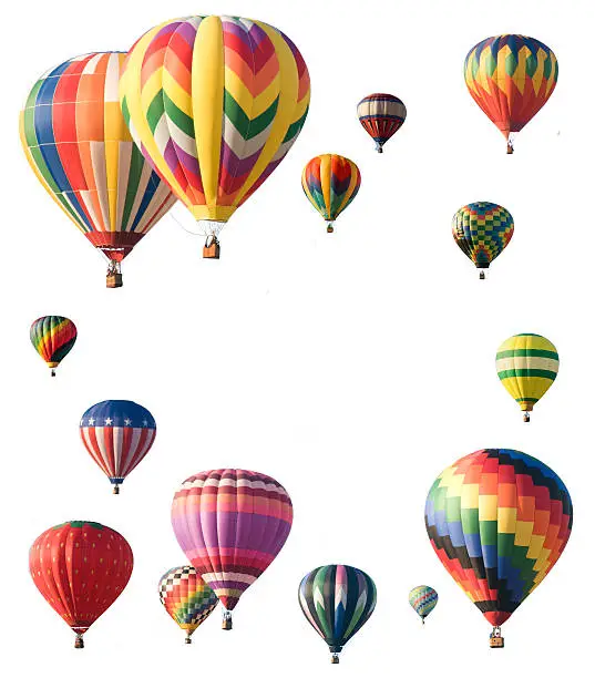 Hot-air balloons arranged around edge of frame allowing space for text in the center of white background