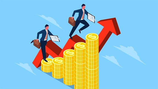 Business or career growth and development, income or profit growth, isometric traders running up the charts and gold piles