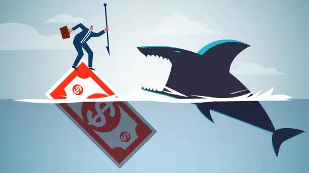 Vector illustration of Against risks and crises, unafraid to take risks, challenging and overcoming difficulties, existential crises, businessman standing with a steel fork on a bill floating on the water against a jumping shark