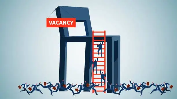 Vector illustration of Career aspirations and competition for jobs, higher career aspirations, career achievement or success, career growth or advancement, a group of businessmen competing for the vacant big office chairs