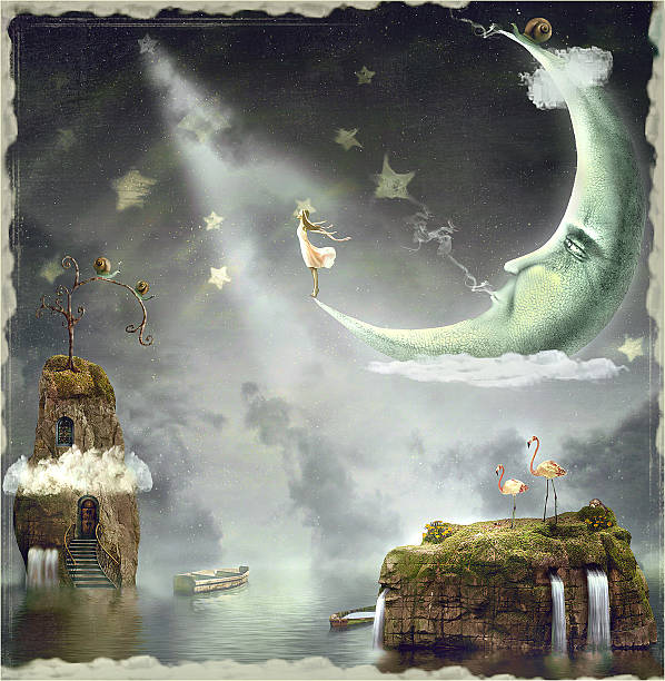Night. Time of miracles and magic The illustration shows the girl who admires the star sky moon clipart stock illustrations