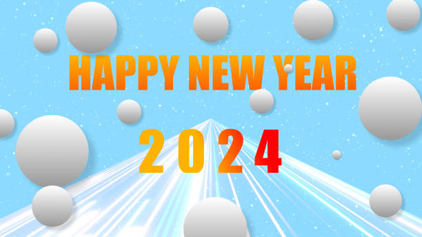 neon lines with glowing speed trails. Appear, slide up and fade way center 2024. 2024 happy New Year blue sky background with decoration white sphere. winter season and Happy new Year. líneas de neón con estelas de velocidad brillantes. aparecer, deslizarse hacia arriba y desvanecerse en el centro de la manera 2024. 2024 feliz fondo de cielo azul de año nuevo con esfera blanca de decoración. temporada de invierno y feliz año nuevo.