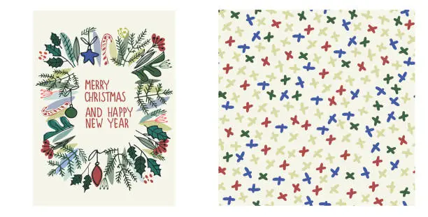 Vector illustration of Christmas and New Year set with greeting card and seamless pattern for wrapping
