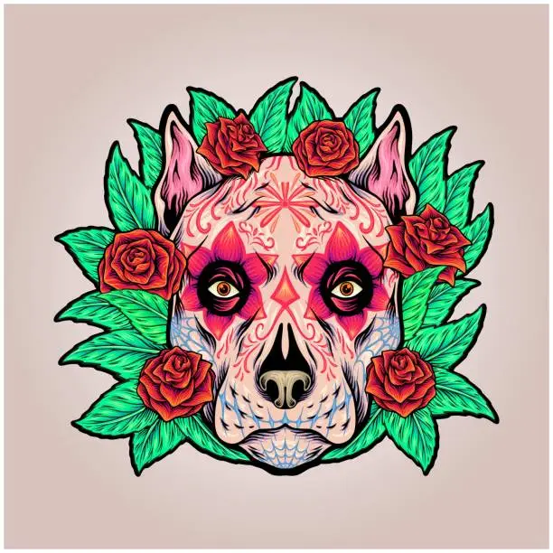 Vector illustration of Floral muerte dog head fantasia