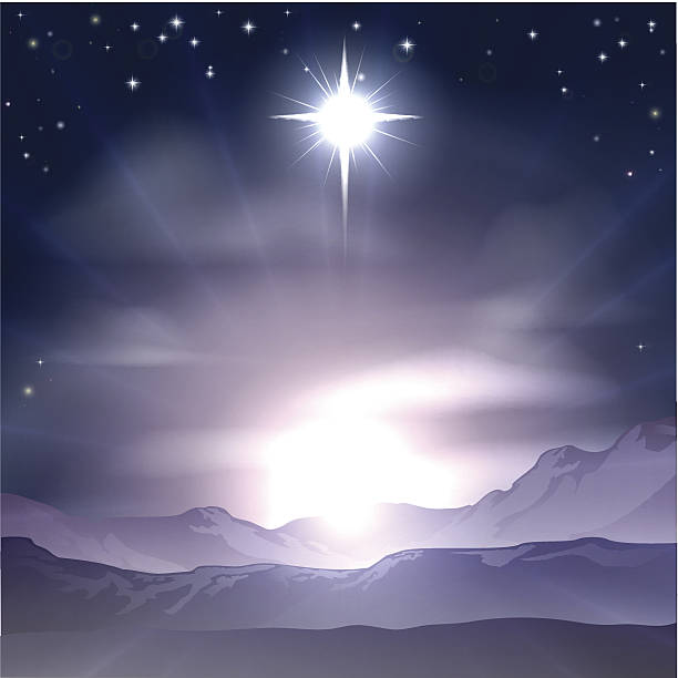 Christmas Star of Bethlehem Nativity A Christian Christmas illustration of the Star of Bethlehem that the wise men followed over the dessert landscape. A Christmas Nativity landscape concept. Vector file is eps 10 and uses transparency blends and gradient mesh bethlehem star stock illustrations