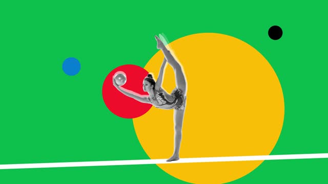 Beautiful and flexible graceful athlete rhythmic gymnastic artist performing over multicolored background. Stop motion, animation.
