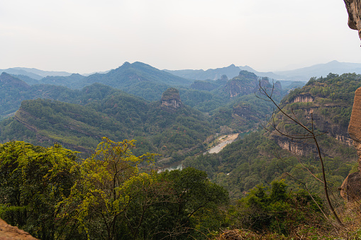 Beautiful mountain landscape of Wuyishan from Da Wang peak in Fujian, China. Background with copy space for text