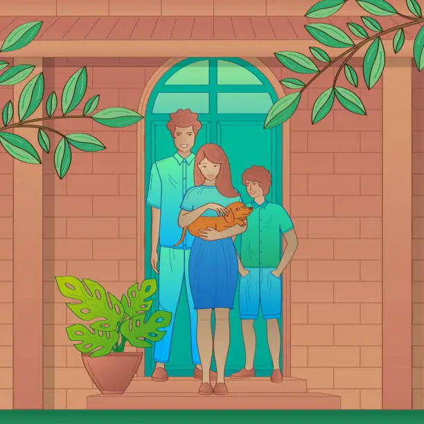 Vector illustration of family with new dog in front home