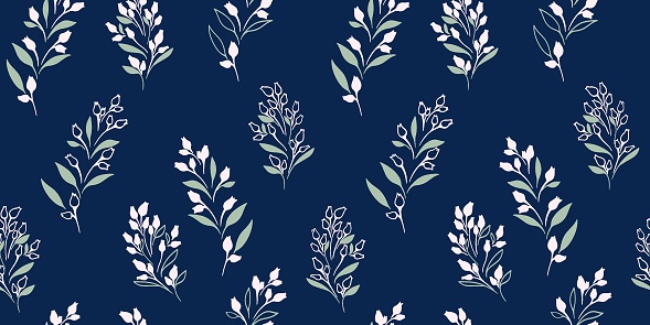 Stylized vector hand drawn sketch simple tiny branches, buds, leaves, drops  seamless pattern.  Artistic, gently retro floral blue dark print. Template for design, wallpaper, fashion, fabric, interior decor