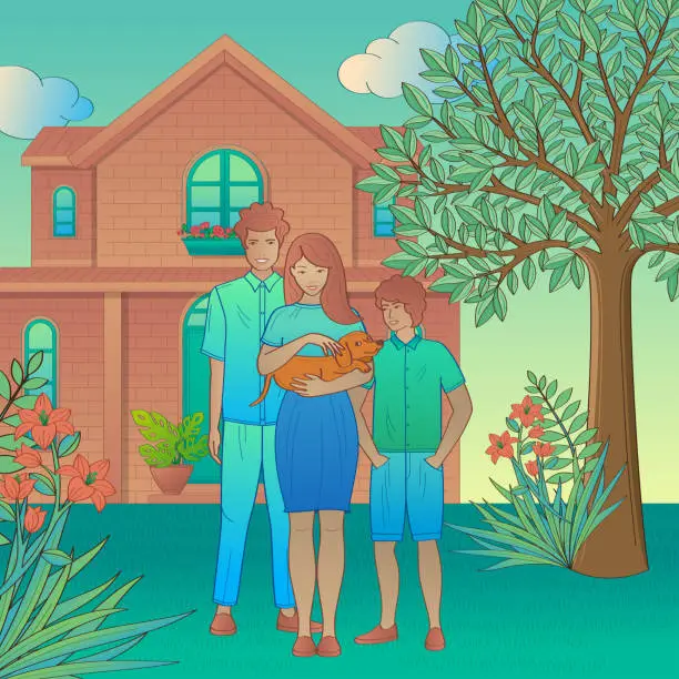 Vector illustration of family with new dog in front of the house