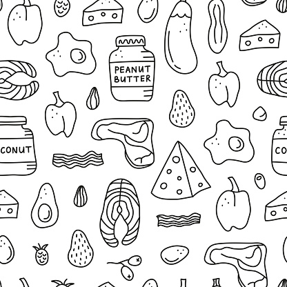 Seamless pattern with doodle outline black and white foods for ketogenic diet including cheese, meat, salmon, avocado, eggs, butter, bacon, raspberries. Low carbs, high fats diet. Paleo nutrition.