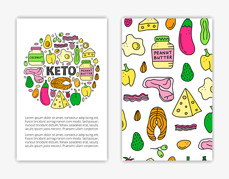 Card templates with doodle colored foods for ketogenic diet. Used clipping mask. Low carbs, high fats diet. Paleo nutrition.