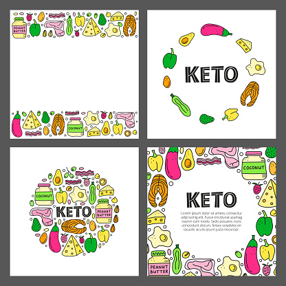 Set of cards with lettering and doodle colored foods for ketogenic diet including cheese, meat, salmon, avocado, eggs, butter, bacon, macadamia, raspberries. Low carbs, high fats diet.