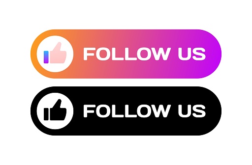 Follow us buttons. Different styles, red, thumbs up, follow us buttons for ui design. Vector icons