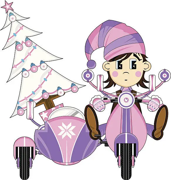 Vector illustration of Christmas Elf Riding a Retro Scooter