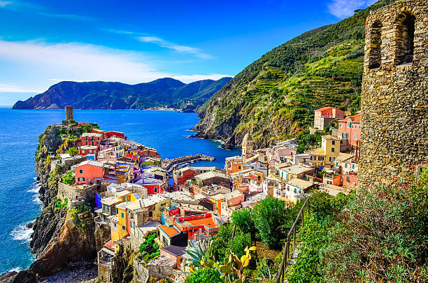 Scenic view of colorful village Vernazza and ocean, Cinque Terre stock photo