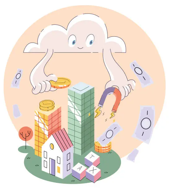 Vector illustration of Real estate investment, coin stack, skyscraper and house. Money saving to loan house, public finance