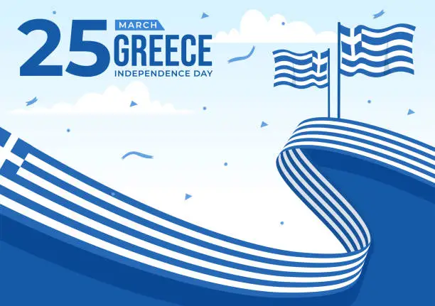Vector illustration of Happy Greece Independence Day Vector Illustration on March 25th with Greek Flag and Ribbon in National Holiday Flat Cartoon Background Design
