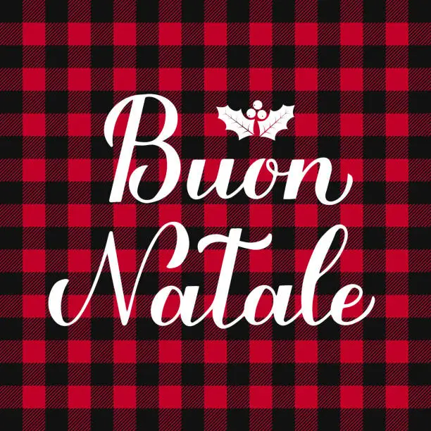 Vector illustration of Buon Natale calligraphy hand lettering on red buffalo plaid background. Merry Christmas typography poster in Italian. Vector template for greeting card, banner, flyer, invitation, etc.