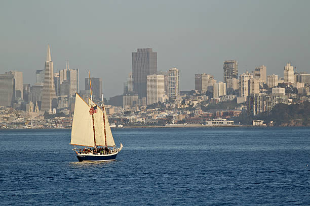 Old gaff rigged saling boat on SF Bay with city sky line in background