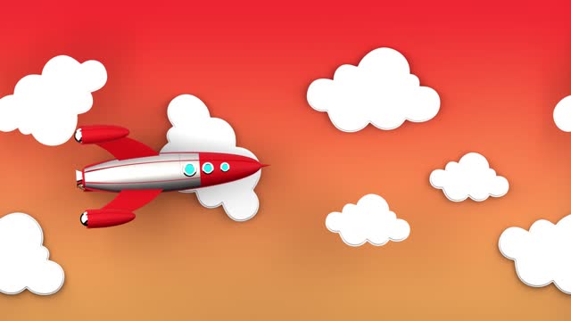 toy rocket in the sky, with clouds, flight movement