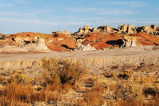 The Jasper Forest at Arizona’s Petrified Forest National Park features a broad desert terrain with many striated mounds of sediment and deposits of petrified wood.