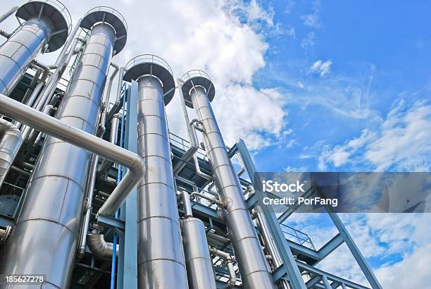 Looking Up At Chemical Plant Stacks Stock Photo - Download Image Now - Chemical Plant, Refinery, Storage Tank