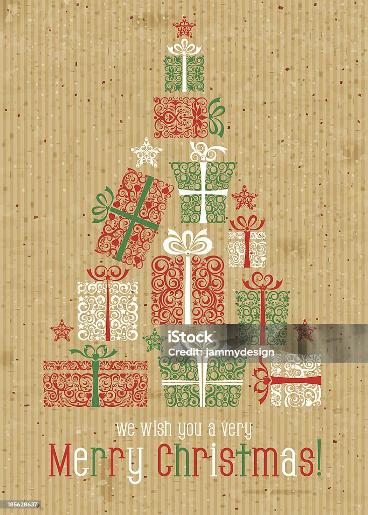 Christmas card of presents forming a Christmas tree A variety of different lacy style gifts forms a Christmas Tree on a textured cardboard background. EPS 10 - transparencies used. Christmas stock vector
