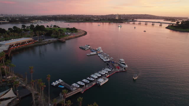 Views from Vacation Isle in Mission Bay, San Diego, California, and views of Pacific Beach aerial stock video